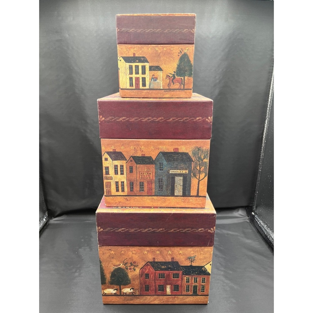 Bob's Boxes Primitive Village Decorative Set of 3 Nesting Boxes Folk Art Country
